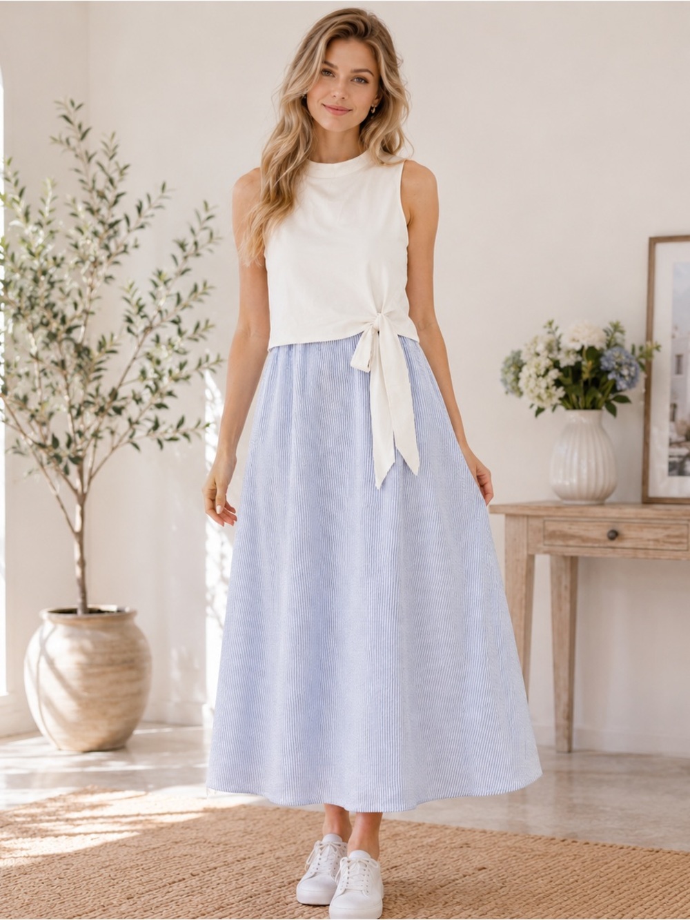 Anne Klein Cream Tie-Front Sleeveless Top with Light Blue Maxi Skirt